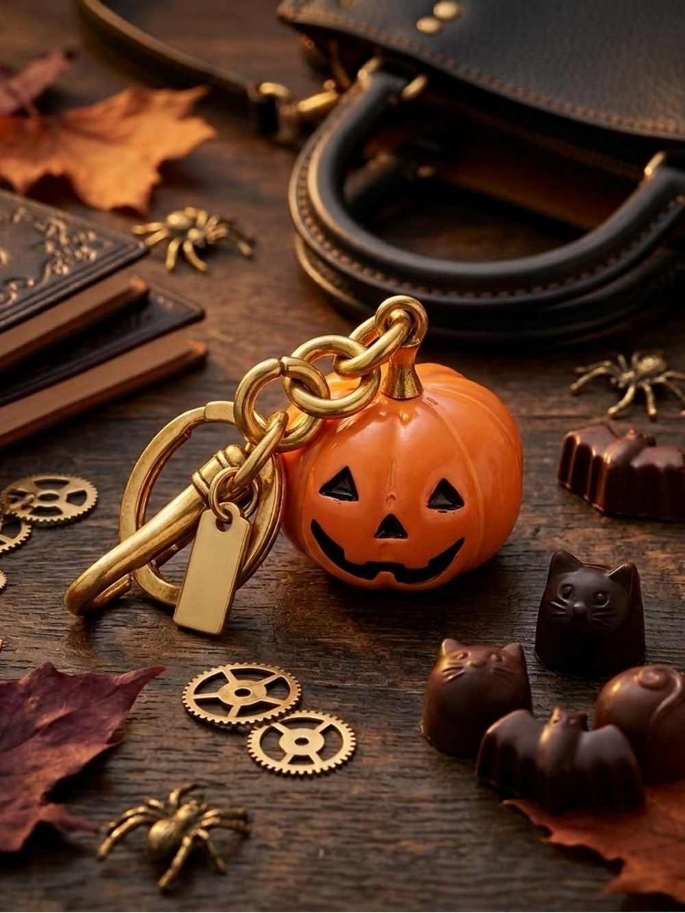 Orange Halloween Pumpkin Keychain/Bag Charm with Gold Hardware